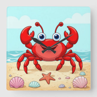 Cheerful Red Cartoon Crab Cute Seashell Kids🦀 Square Wall Clock