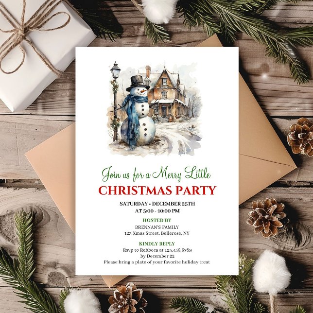 Cheerful red green winter scene party invite (Cheerful red green winter scene party invite)