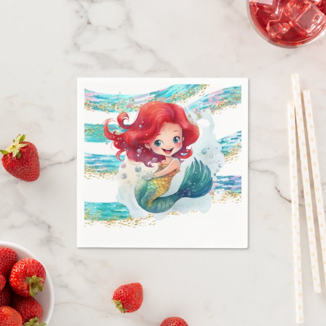 Cheerful Red-Haired Mermaid Striped Party Napkin (Insitu)