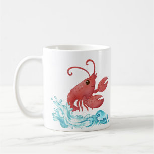 Cheerful red lobster emerging from stylised blue w coffee mug