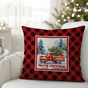 Cheerful red truck Christmas scene rustic bold  Cushion