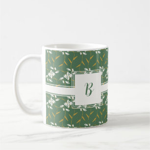 Cheerful Regal Floral Green Square Monogram Coffee Mug