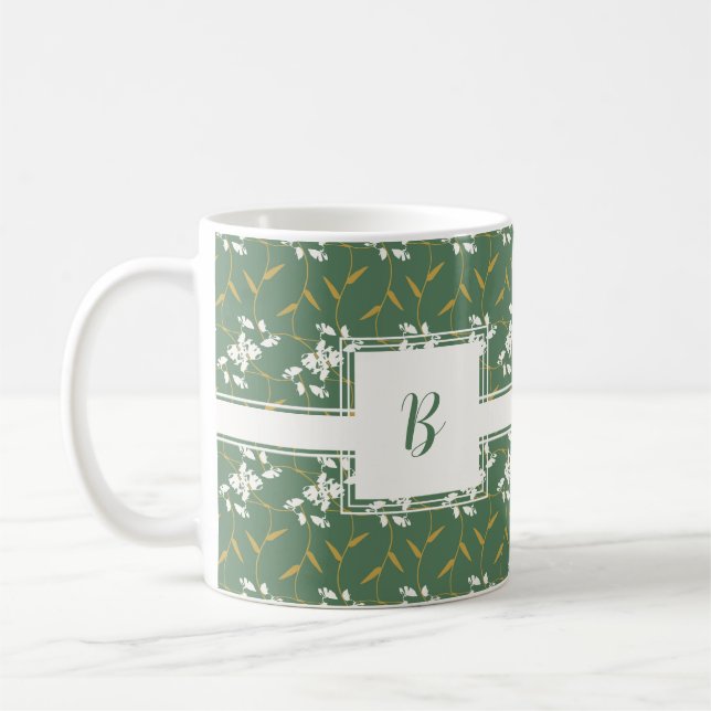 Cheerful Regal Floral Green Square Monogram Coffee Mug (Left)