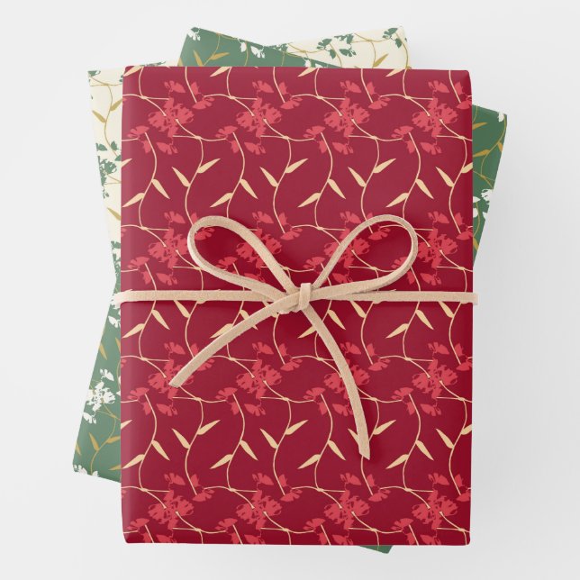 Cheerful Regal Floral Red and Green  Wrapping Paper Sheet (In situ)