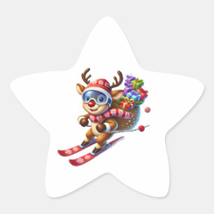 Cheerful reindeer skiing with Christmas presents Star Sticker