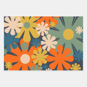 Cheerful Retro 60s 70s Flowers Floral Pattern Wrapping Paper Sheet