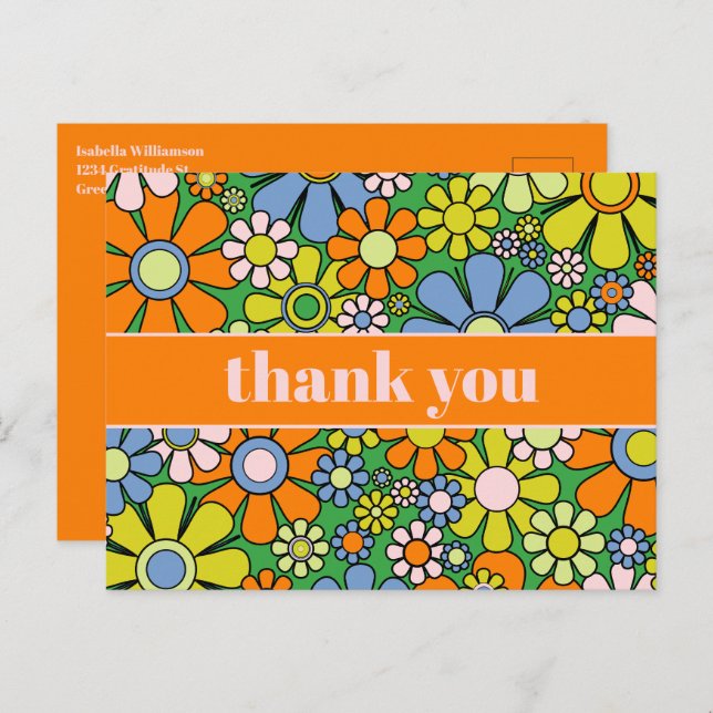 Cheerful Retro 60s Floral Thank You Postcard (Front/Back)