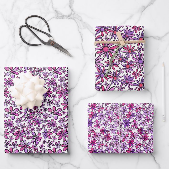 Cheerful Retro Floral Pattern with Pink and Purple Wrapping Paper Sheet (Front)