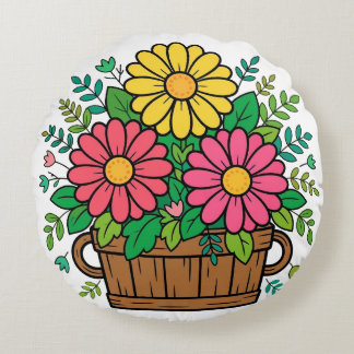 Cheerful Retro Floral Wooden Planter Round Cushion