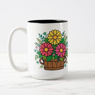 Cheerful Retro Floral Wooden Planter Two-Tone Coffee Mug