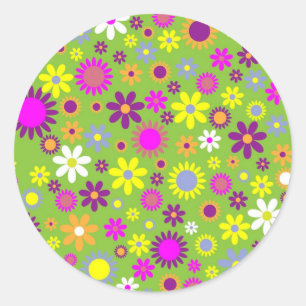 Cheerful Retro Flower Power Floral Designer Classic Round Sticker