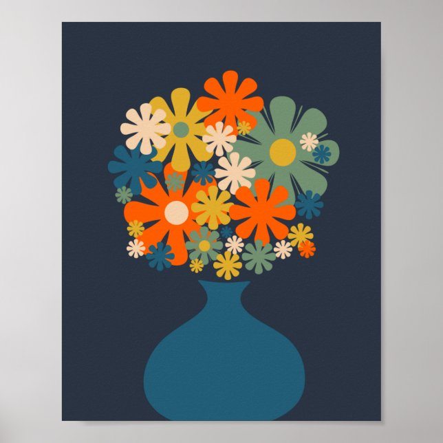Cheerful Retro Flowers in a Blue Vase Poster (Front)