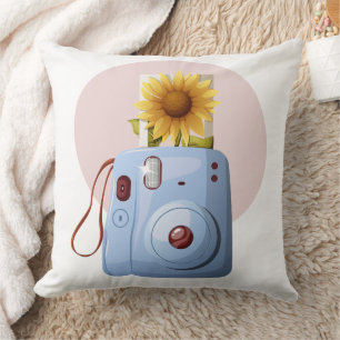 Cheerful Retro Instant Camera with Sunflower Photo Cushion