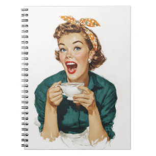 Cheerful Retro Woman Enjoying Coffee Notebook