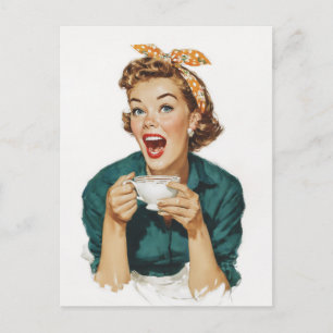 Cheerful Retro Woman Enjoying Coffee Postcard