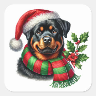 Cheerful Rottweiler With Christmas Hat and Scarf Square Sticker
