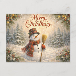 Cheerful Rustic Snowman Merry Christmas Holiday Postcard