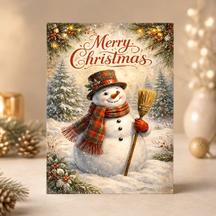 Cheerful Rustic Snowman Merry Christmas Winter Holiday Card