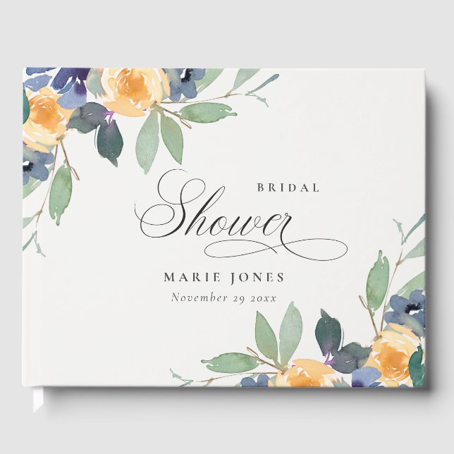 Cheerful Rustic Yellow Blue Floral Bridal Shower Guest Book (Front)