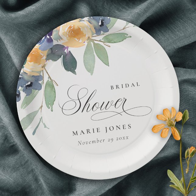 Cheerful Rustic Yellow Blue Floral Bridal Shower Paper Plate (Creator Uploaded)