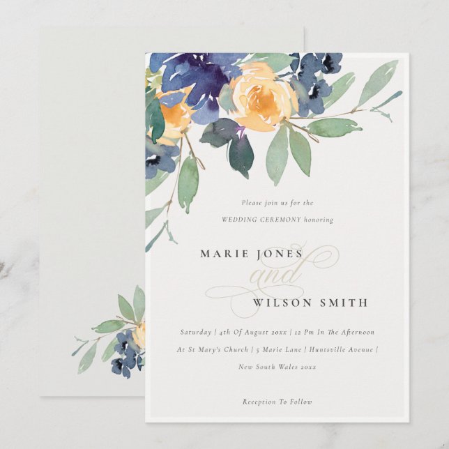 Cheerful Rustic Yellow Blue Floral Wedding Invite (Front/Back)