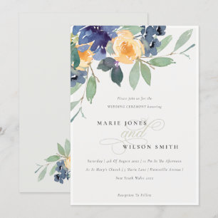 Cheerful Rustic Yellow Blue Floral Wedding Invite