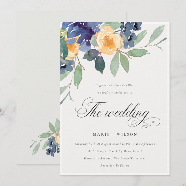 Cheerful Rustic Yellow Blue Floral Wedding Invite (Front/Back)