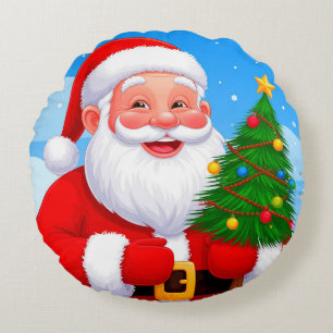 🎅 Cheerful Santa Christmas Gift For Holiday Decor Round Cushion