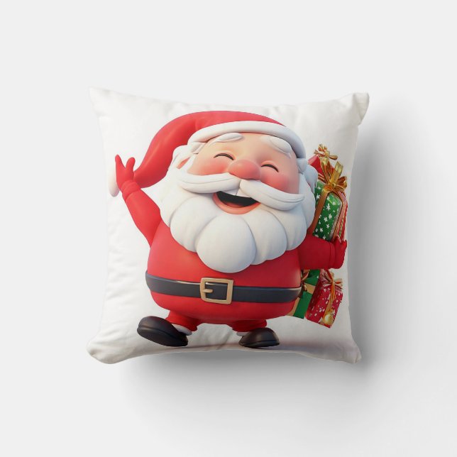 Cheerful Santa Claus Carrying Festive Gifts Cushion (Front)