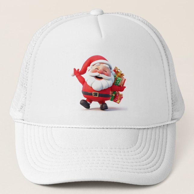 Cheerful Santa Claus Carrying Festive Gifts Trucker Hat (Front)