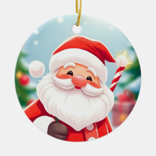 Cheerful Santa Claus Holding a Candy Cane Ceramic Tree Decoration