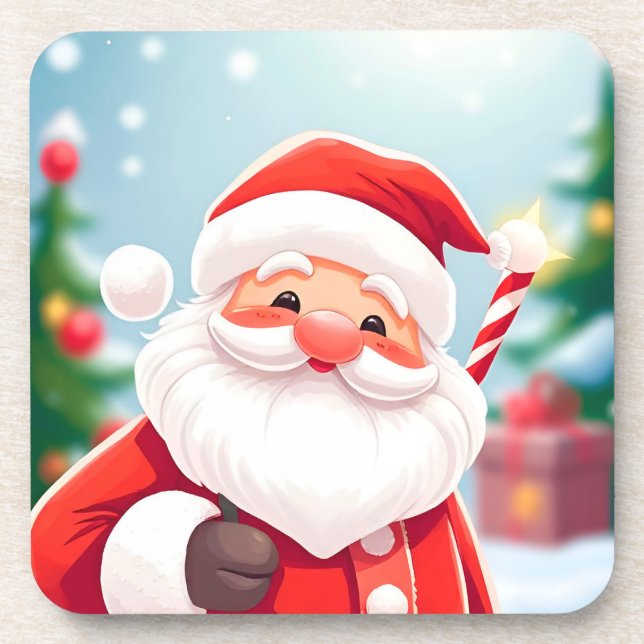 Cheerful Santa Claus Holding a Candy Cane Coaster (Front)