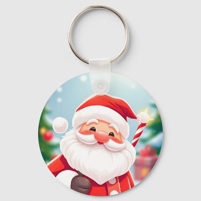 Cheerful Santa Claus Holding a Candy Cane Key Ring (Front)