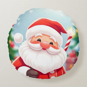 Cheerful Santa Claus Holding a Candy Cane Round Cushion