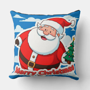 Cheerful Santa Claus Holding a Tiny Christmas Tree Cushion