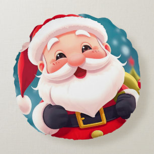 Cheerful Santa Claus Illustration Celebrating Round Cushion