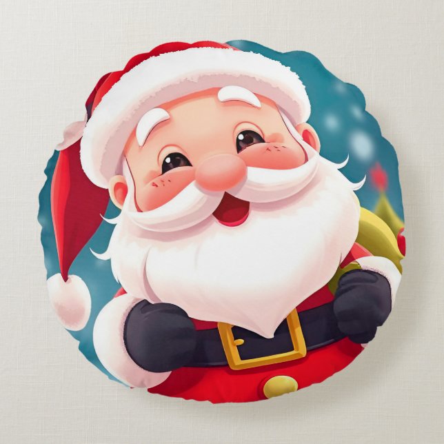 Cheerful Santa Claus Illustration Celebrating Round Cushion (Front)