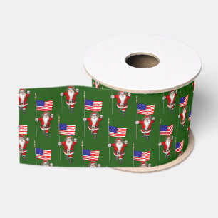 Cheerful Santa Claus Marching With US Flag Grosgrain Ribbon