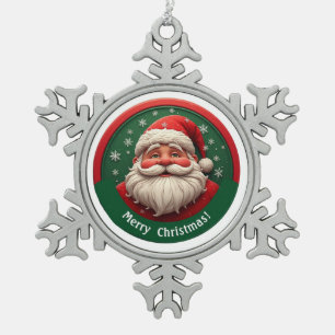 Cheerful Santa Claus With Snowy Christmas Snowflake Pewter Christmas Ornament