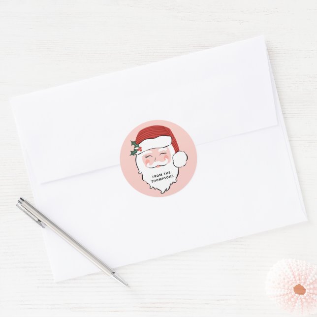 Cheerful Santa Face | Pink and Red Christmas Gift  Classic Round Sticker (Envelope)