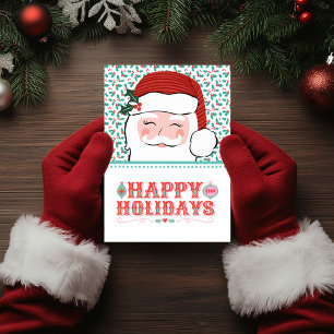 Cheerful Santa Happy Holidays Pink and Red Holly Holiday Card