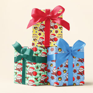 Cheerful Santa Holly Bells Merry Christmas Pattern Wrapping Paper Sheet