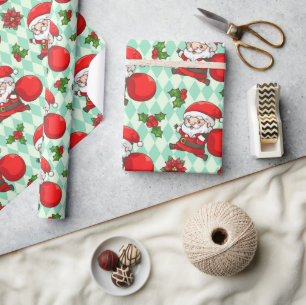 Cheerful Santa Holly Christmas Holidays Pattern Wrapping Paper