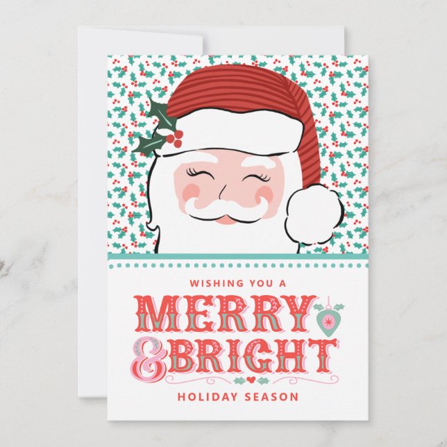 Cheerful Santa Merry & Bright | Pink and Red Holly Holiday Card (Front)