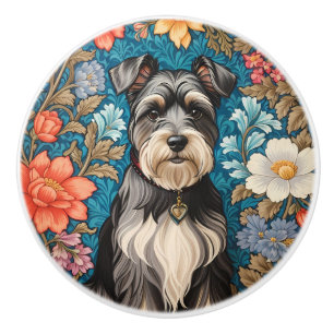 Cheerful Schnauzer William Morris Inspired Floral Ceramic Knob
