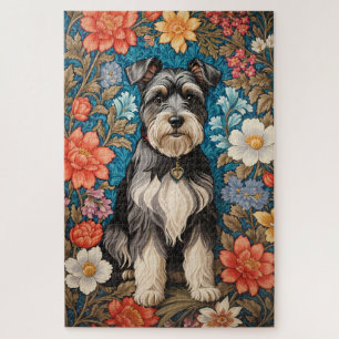 Cheerful Schnauzer William Morris Inspired Floral Jigsaw Puzzle
