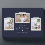 Cheerful Sentiments Snapshot Photo Plaque<br><div class="desc">Cheerful sentiments snapshot photo plaque. Features,  3 framed photos with scrapbook style washi tape accents,  two template text lines for your message and names with heart detail in white on navy blue colour background.</div>