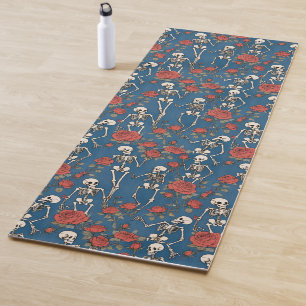 Cheerful Skeletons And Red Roses Denim Blue Yoga Mat
