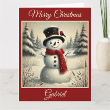 Cheerful Snowman and Red Bird in Snowy Forest