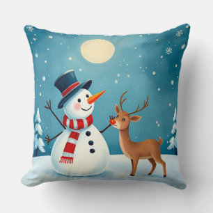 Cheerful Snowman and Reindeer Cushion